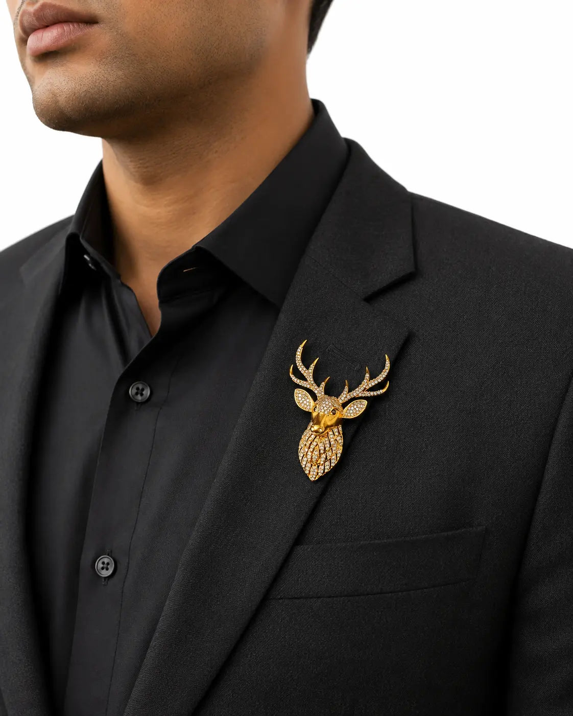 Salitaire Shimmering Stag Deer Head Brooch Pin (Matte Gold Finish)