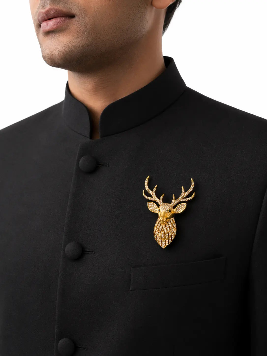 Salitaire Shimmering Stag Deer Head Brooch Pin (Matte Gold Finish)