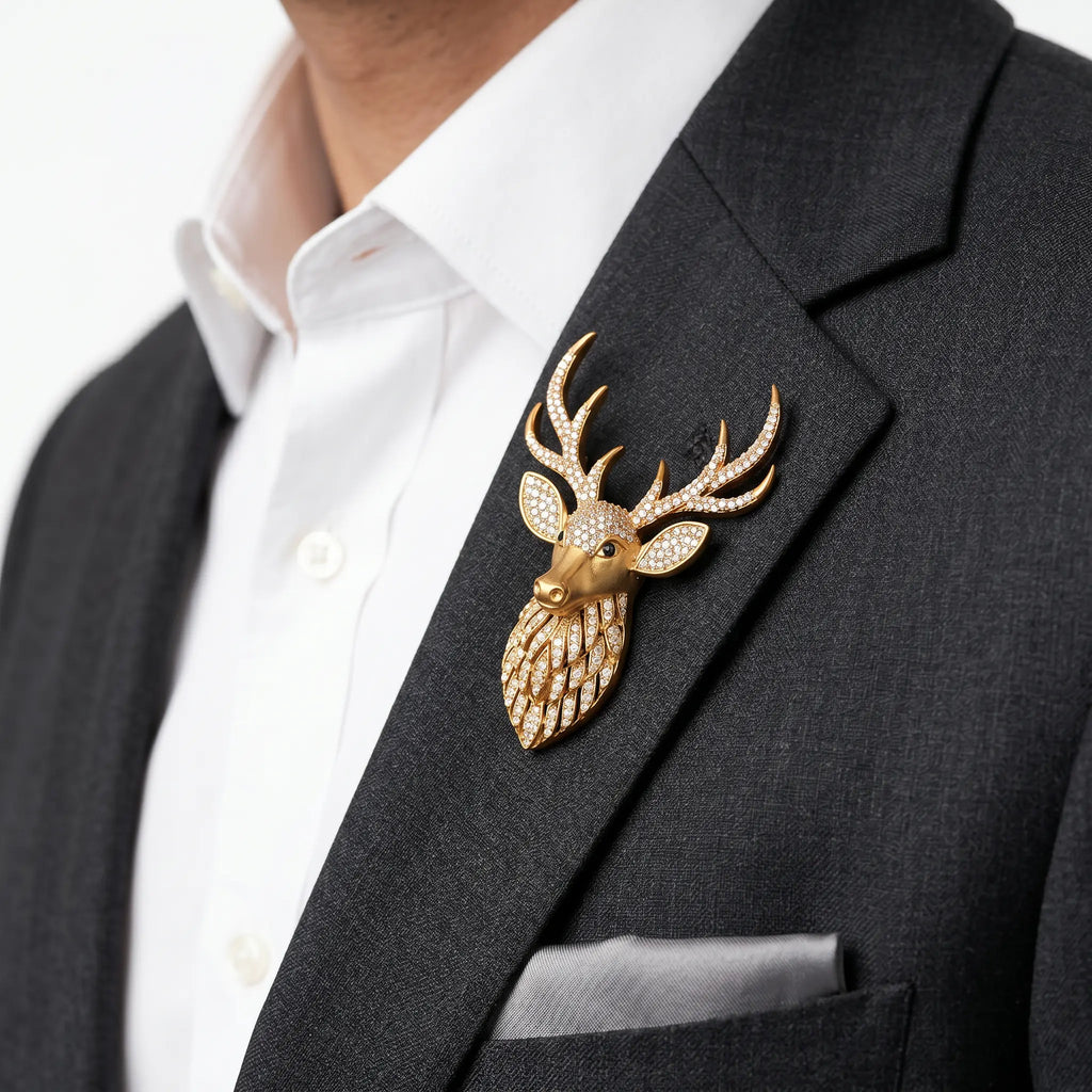 Salitaire Shimmering Stag Deer Head Brooch Pin (Matte Gold Finish)
