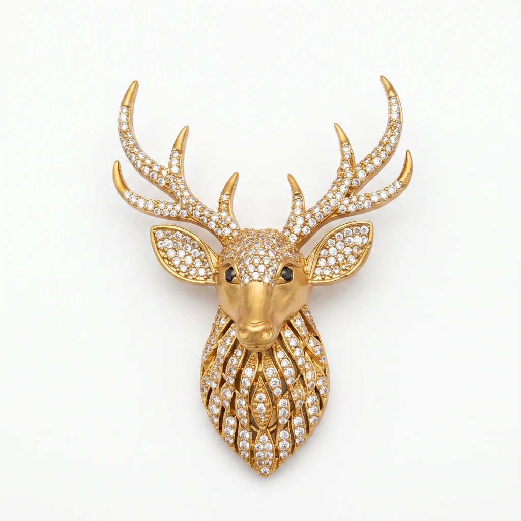 Salitaire Shimmering Stag Deer Head Brooch Pin (Matte Gold Finish)