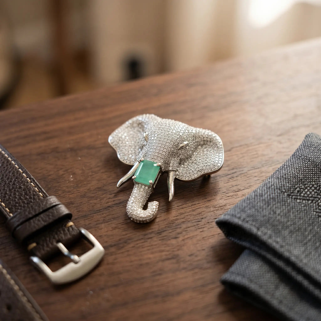 Salitaire Shimmering Elephant Head Brooch Pin