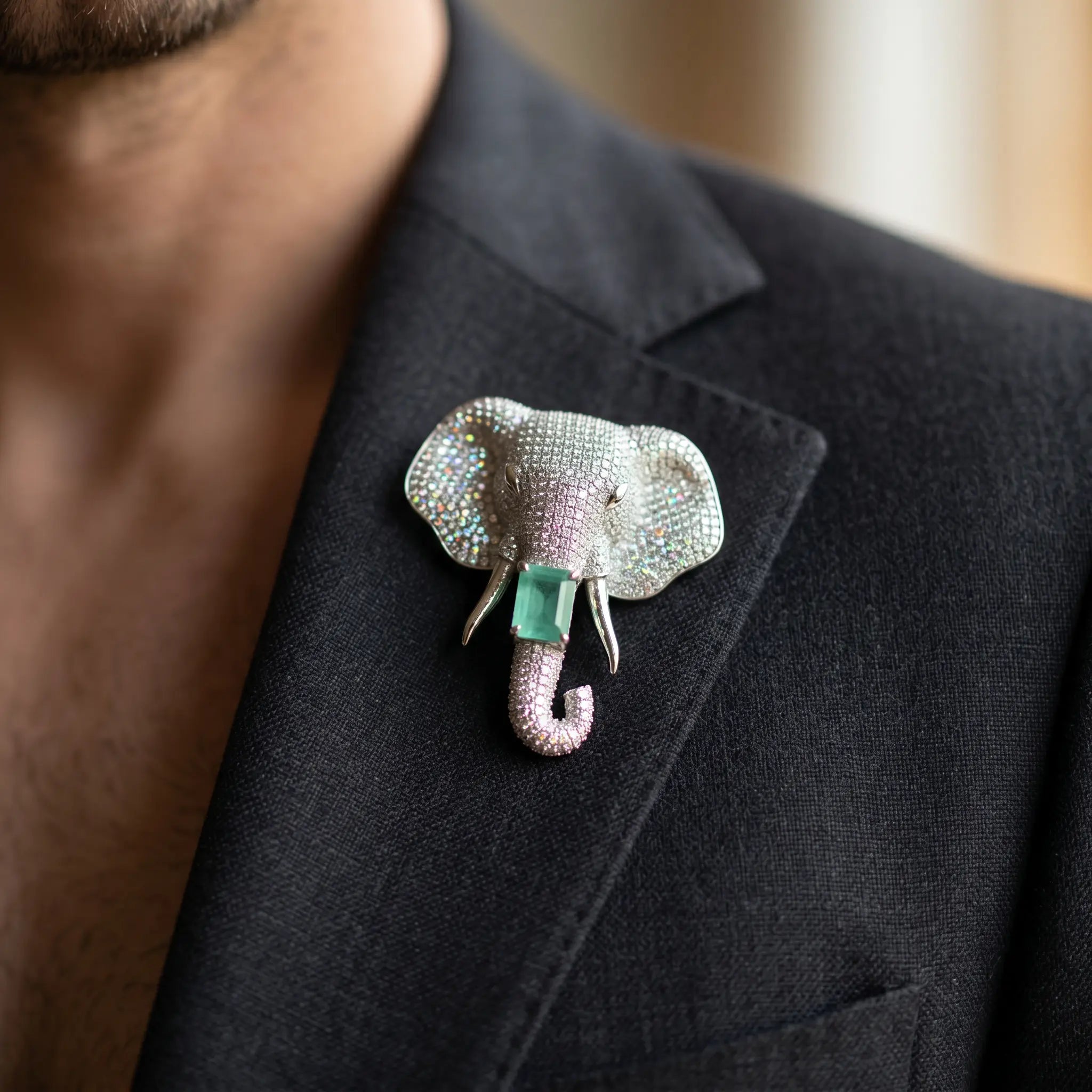 Salitaire Shimmering Elephant Head Brooch Pin
