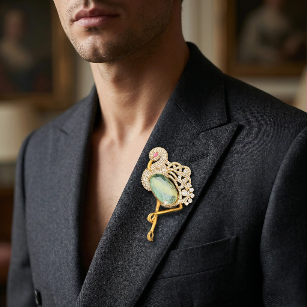 Salitaire Shimmering Flamingo Swan Brooch Pin (Gold Finish)