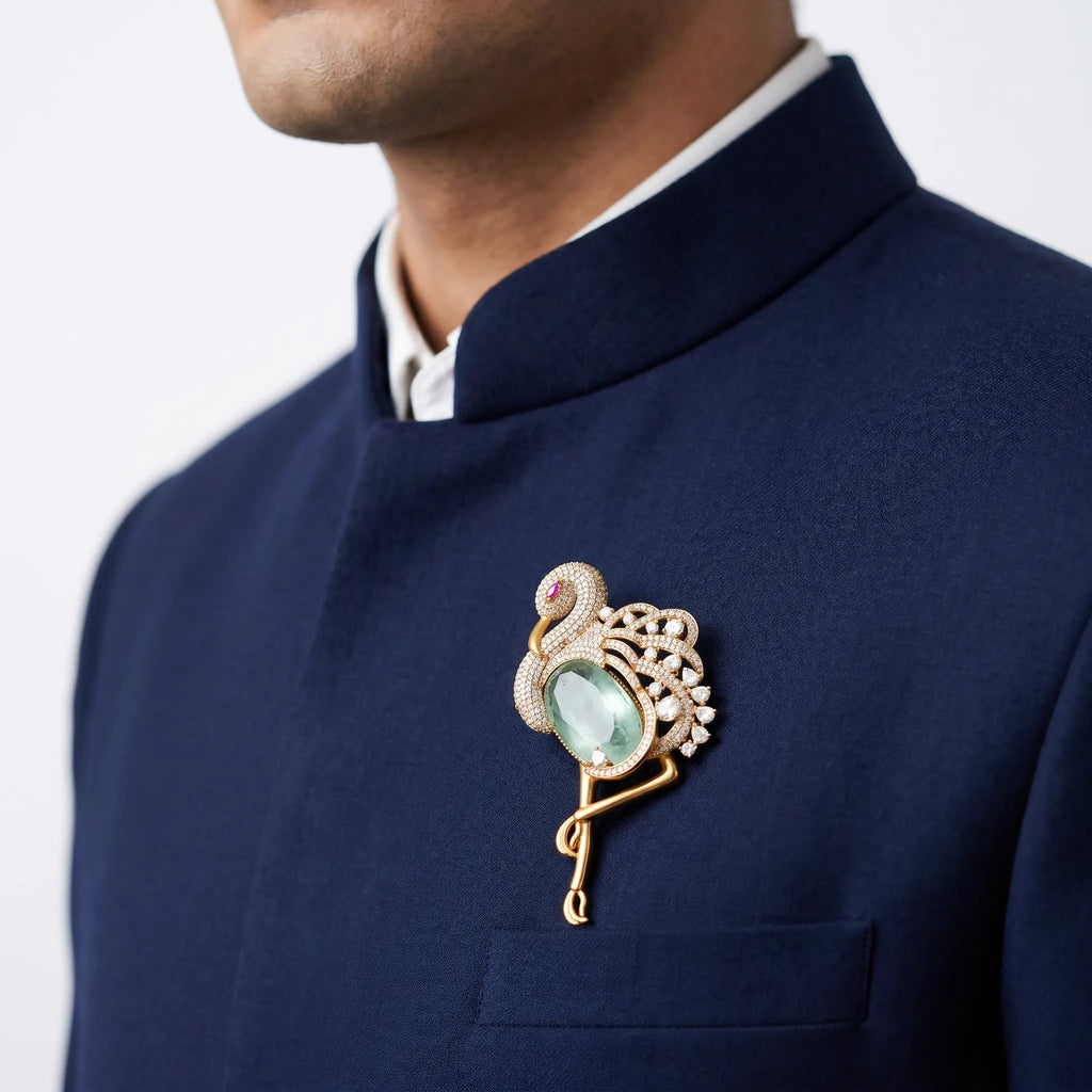 Salitaire Shimmering Flamingo Swan Brooch Pin (Gold Finish)