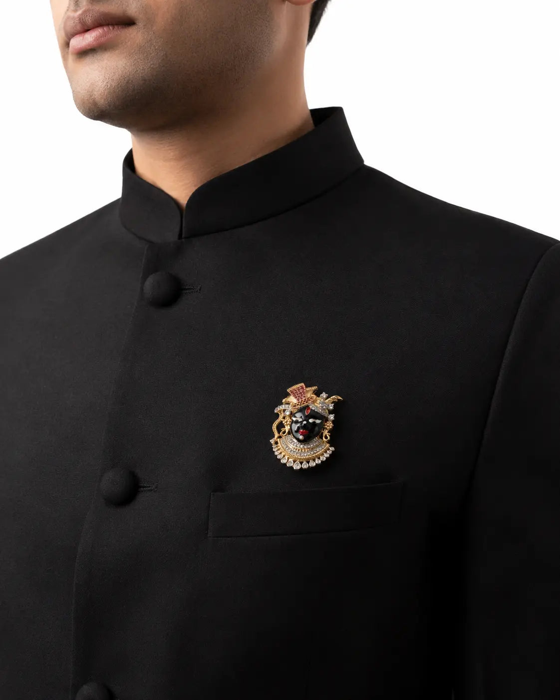 Salitaire Shimmering Shrinathji Krishna Brooch Pin (Gold Finish)