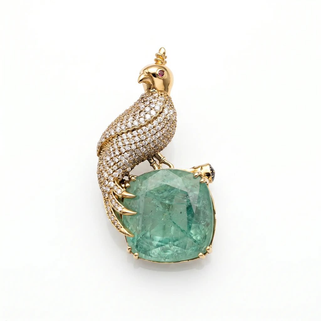 Salitaire Shimmering Falcon Bird Cushion Brooch Pin (Gold Finish)