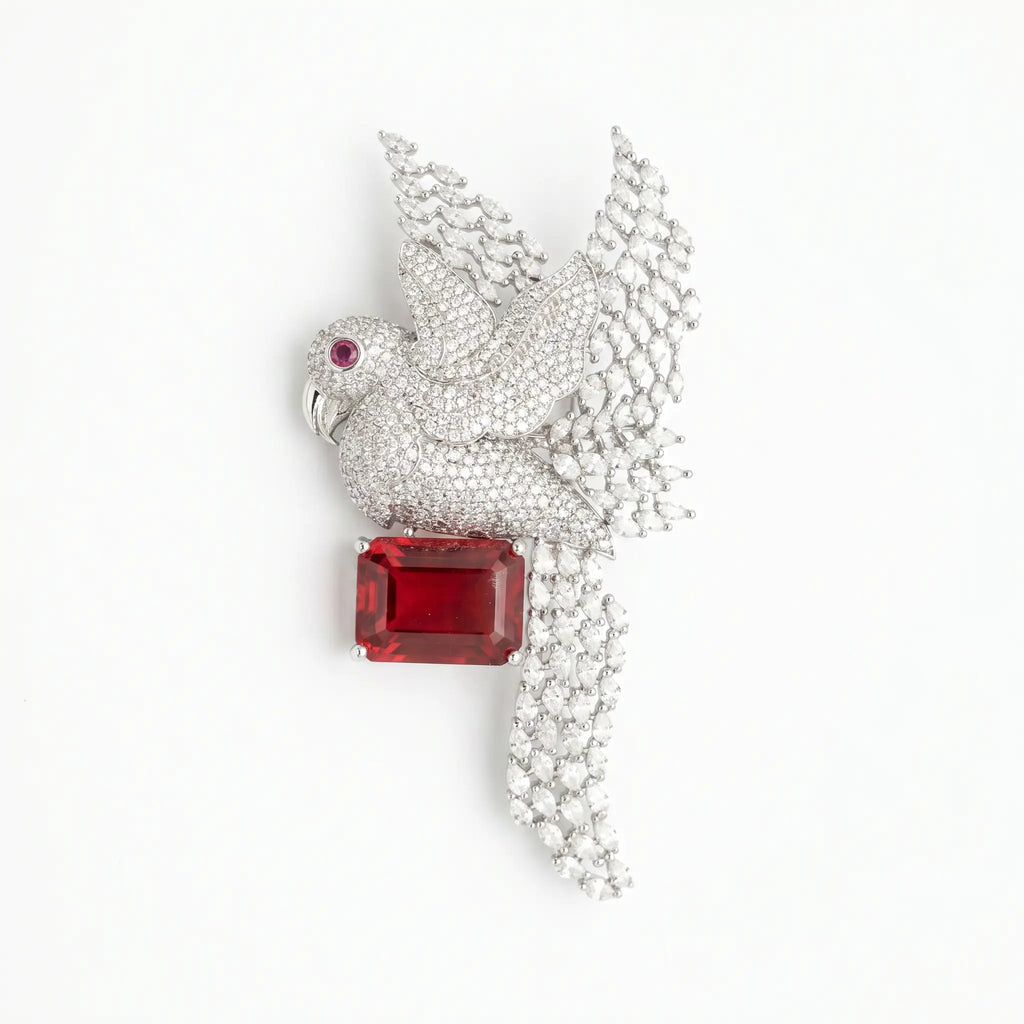 Salitaire Shimmering Soaring Bird Brooch Pin (Silver Finish)
