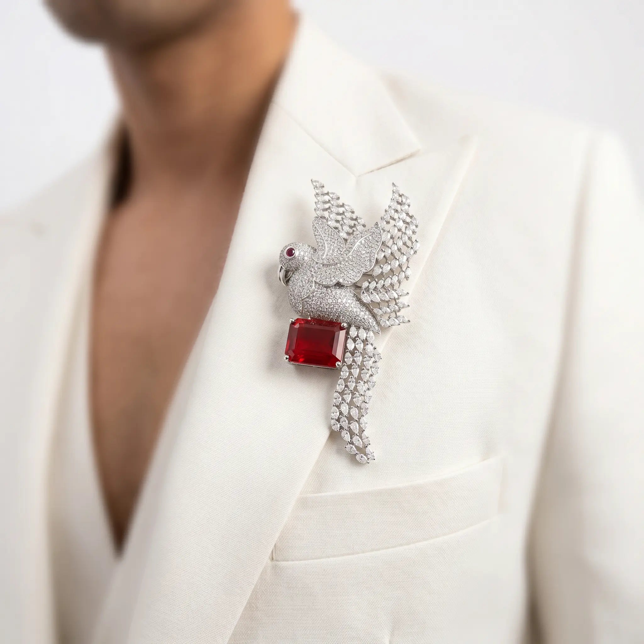 Salitaire Shimmering Soaring Bird Brooch Pin (Silver Finish)