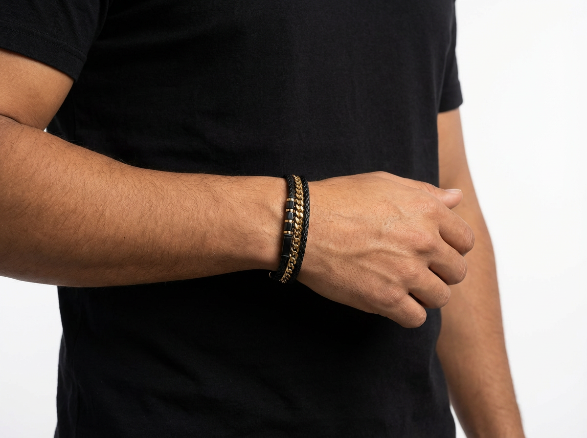 Black-gold Leather Onyx Bracelet