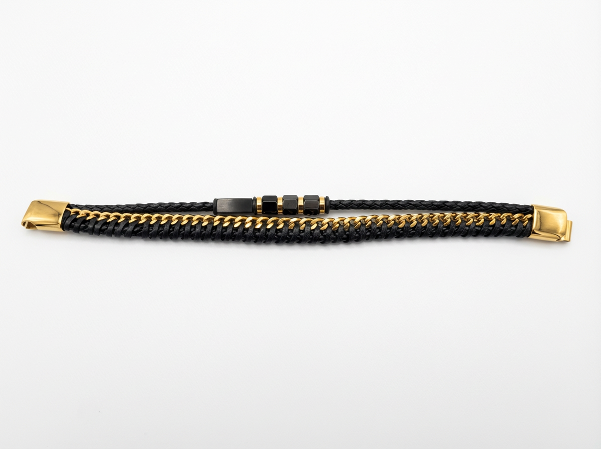 Black-gold Leather Onyx Bracelet