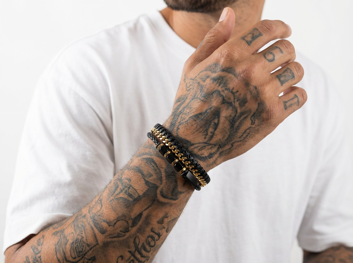 Black-gold Leather Onyx Bracelet