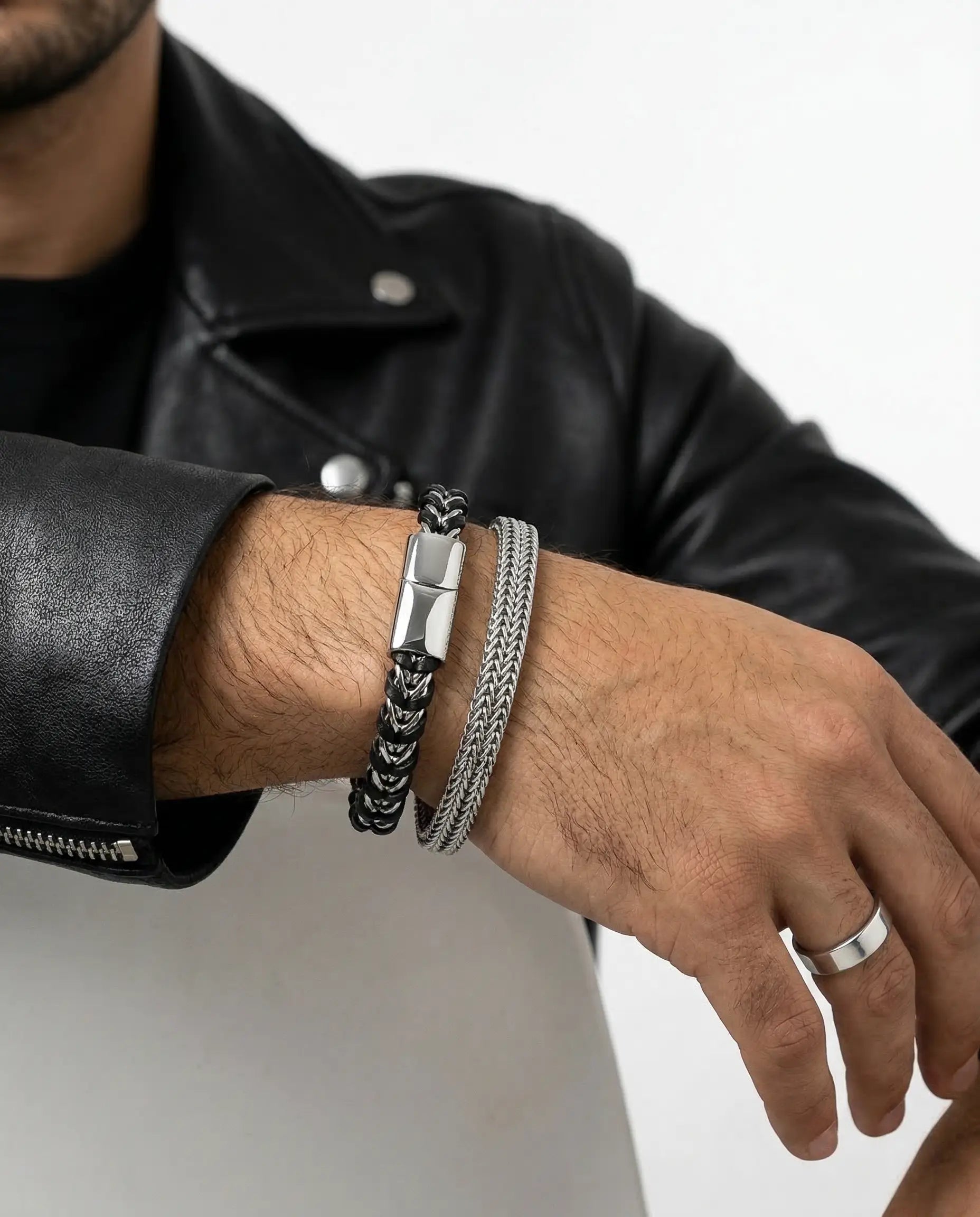 Men's Weave Leather & Steel Bracelet - Salitaire jewellery