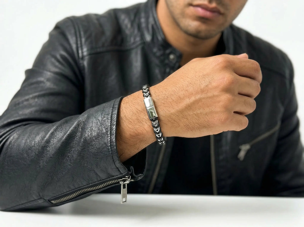 Men's Weave Leather & Steel Bracelet - Salitaire jewellery