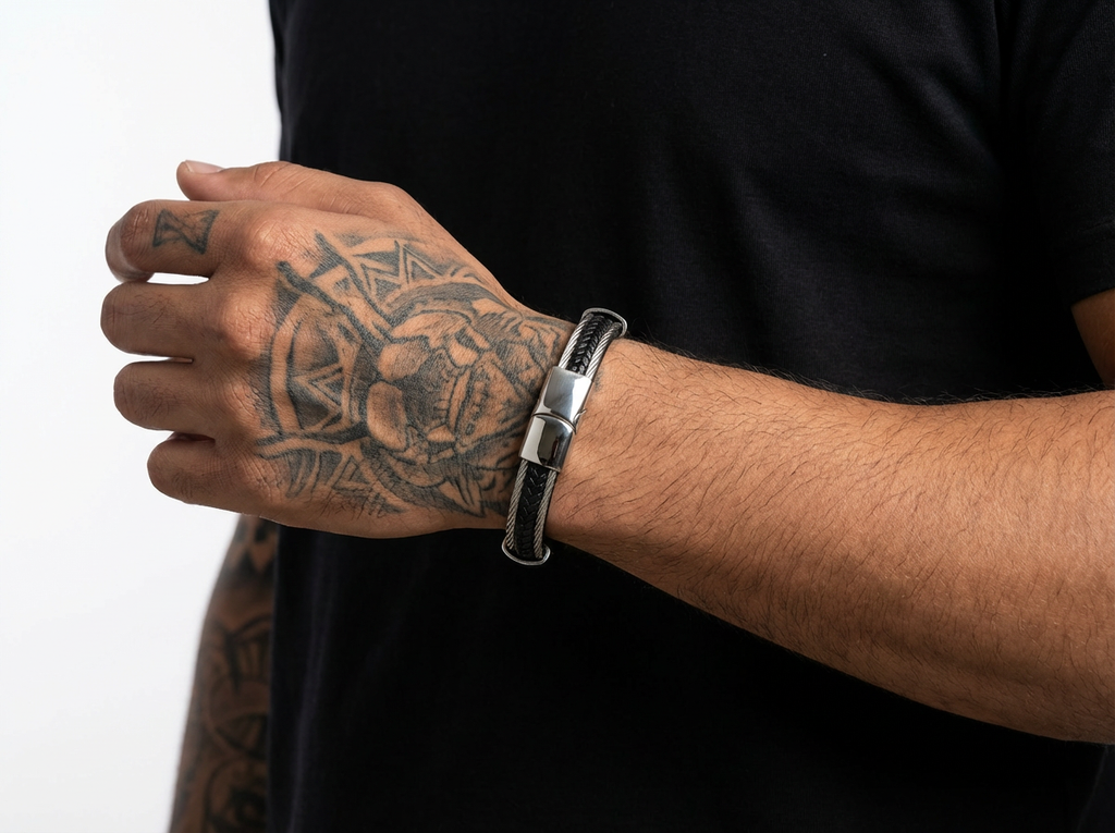 Men's Nomad Black Leather Cable Band - Salitaire jewellery