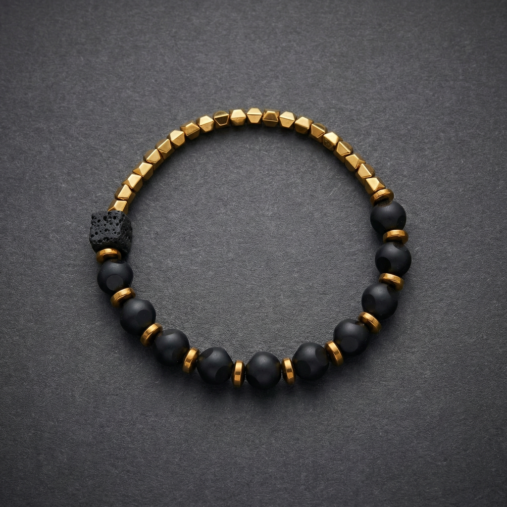 Men's Black Onyx & Gold Hematite Bracelet - Salitaire jewellery