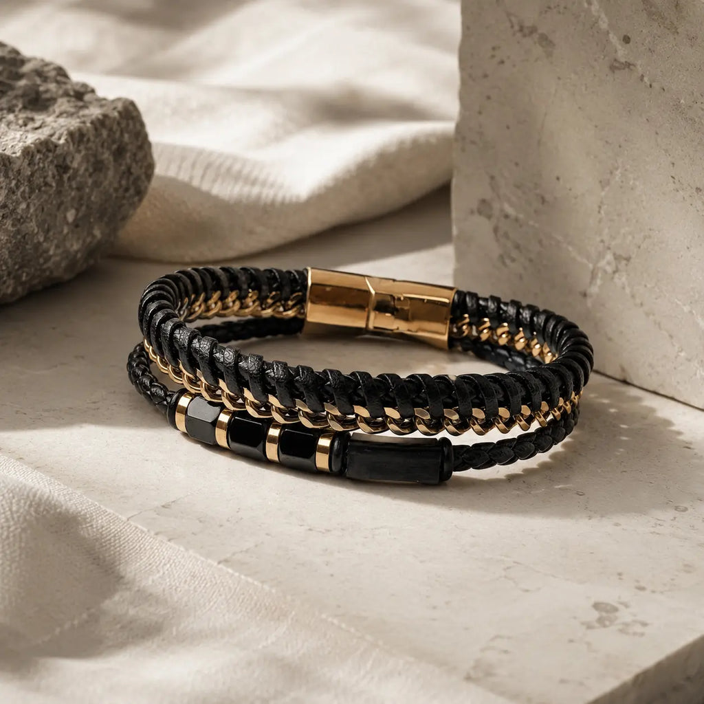 Black-gold Leather Onyx Bracelet