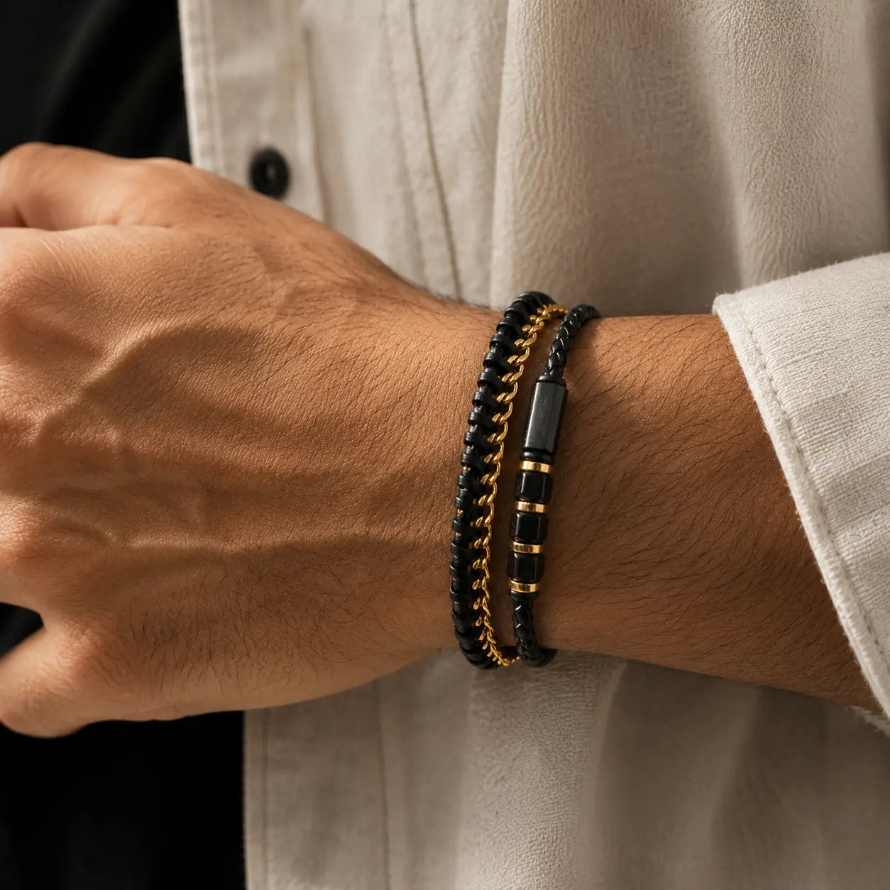 Black-gold Leather Onyx Bracelet