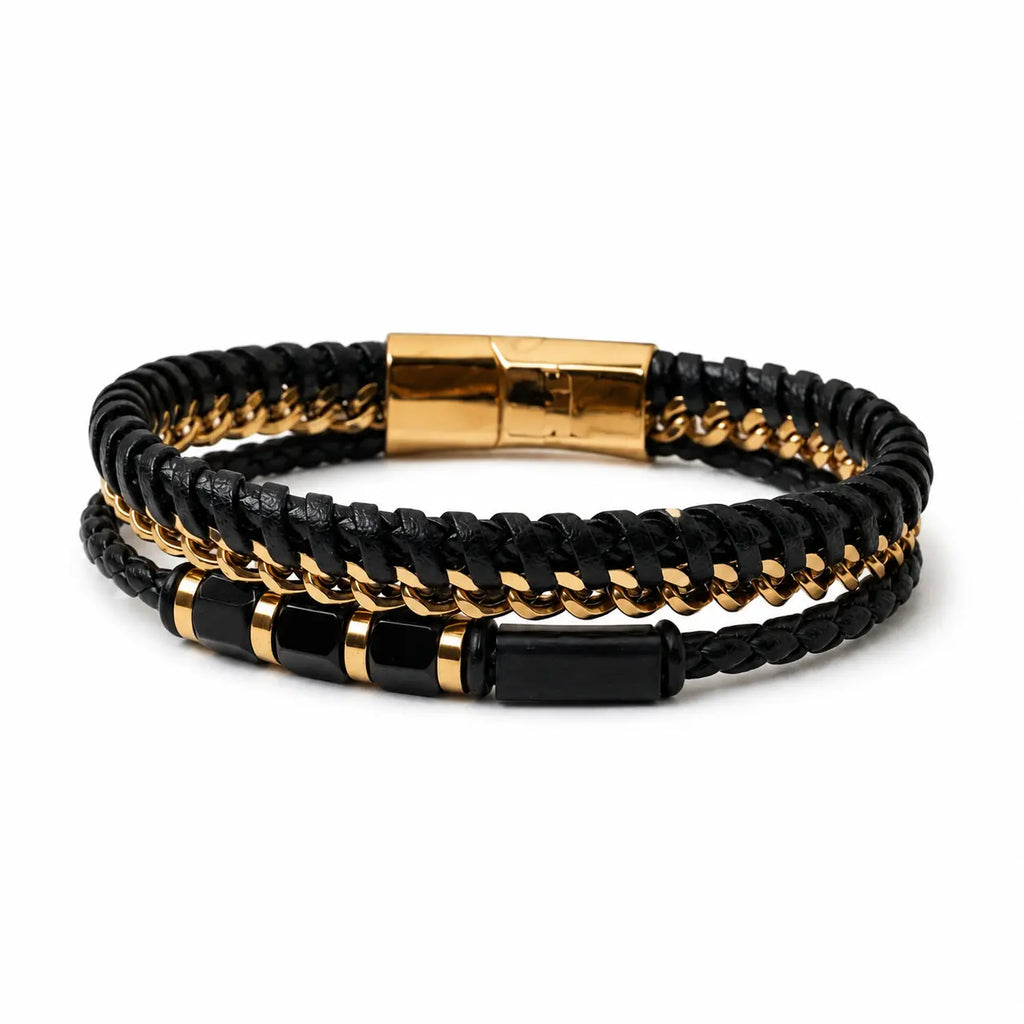 Black-gold Leather Onyx Bracelet