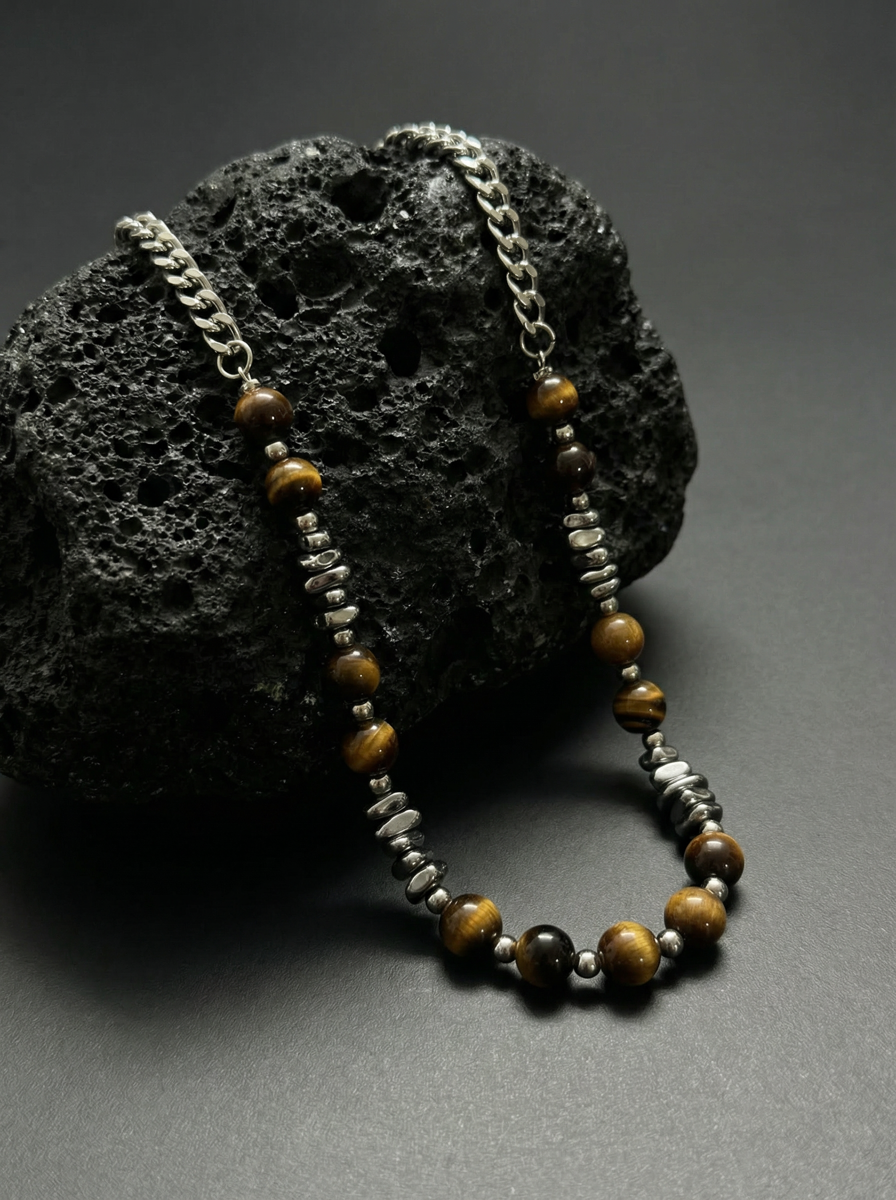 Men's Tiger Stone Curb Chain Bead Necklace - Salitaire jewellery