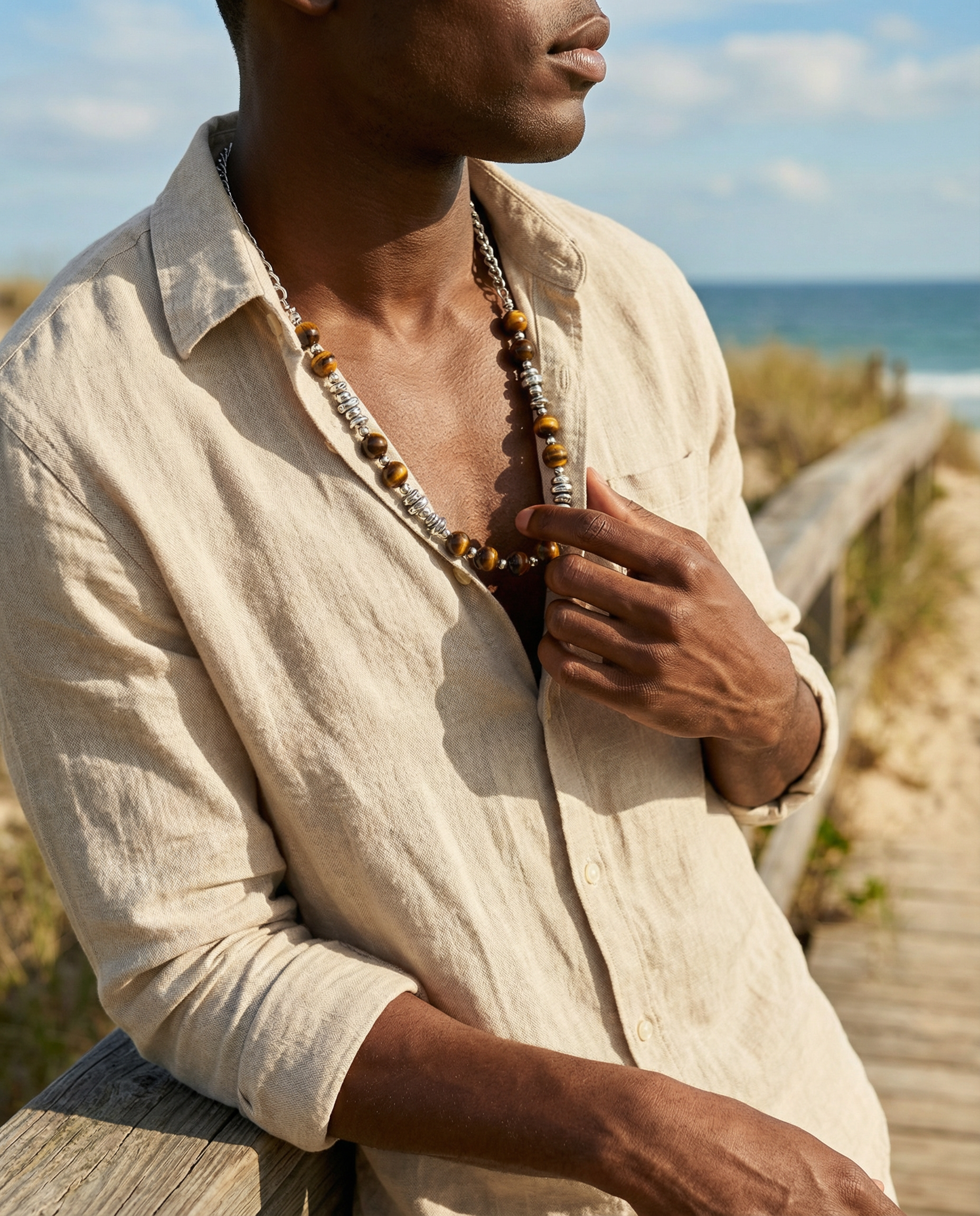 Men's Tiger Stone Curb Chain Bead Necklace - Salitaire jewellery