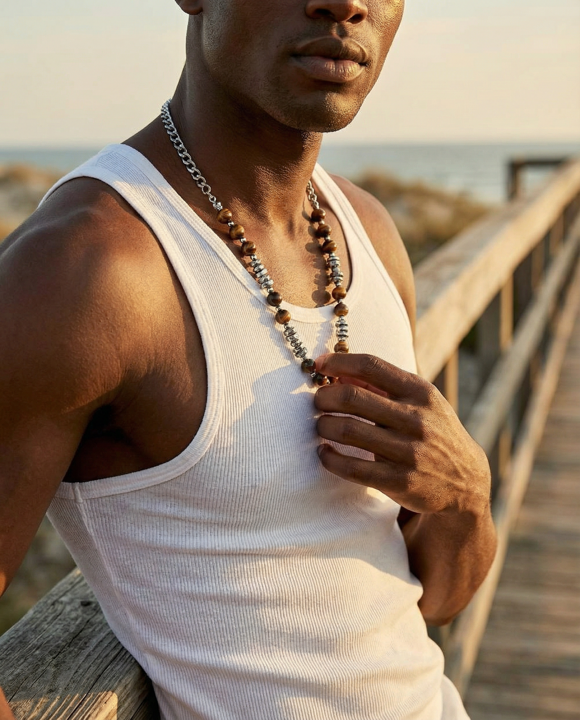 Men's Tiger Stone Curb Chain Bead Necklace - Salitaire jewellery