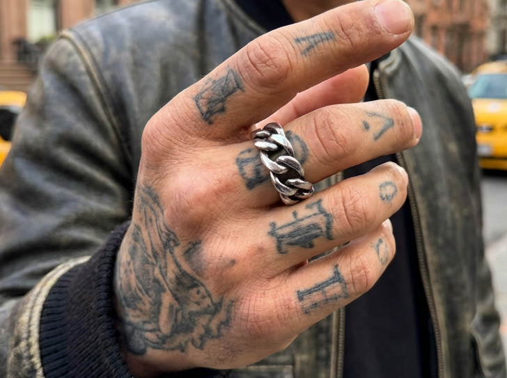 Man with tattoos and a ring on a city street with taxis and pedestrians.