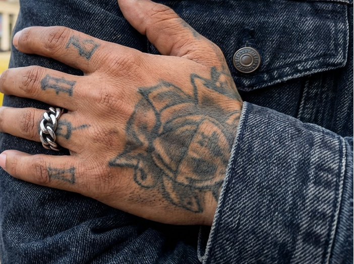 Person wearing a denim jacket with tattoos on an urban street background