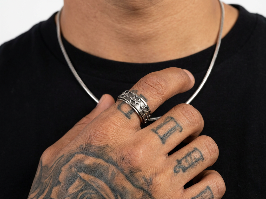 Men's Silver Fleur Spinner Ring - Salitaire jewellery