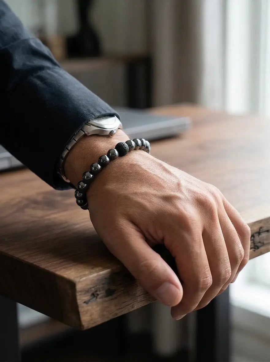 Men's Black Hematite & Lava Stone Bracelet - Salitaire jewellery
