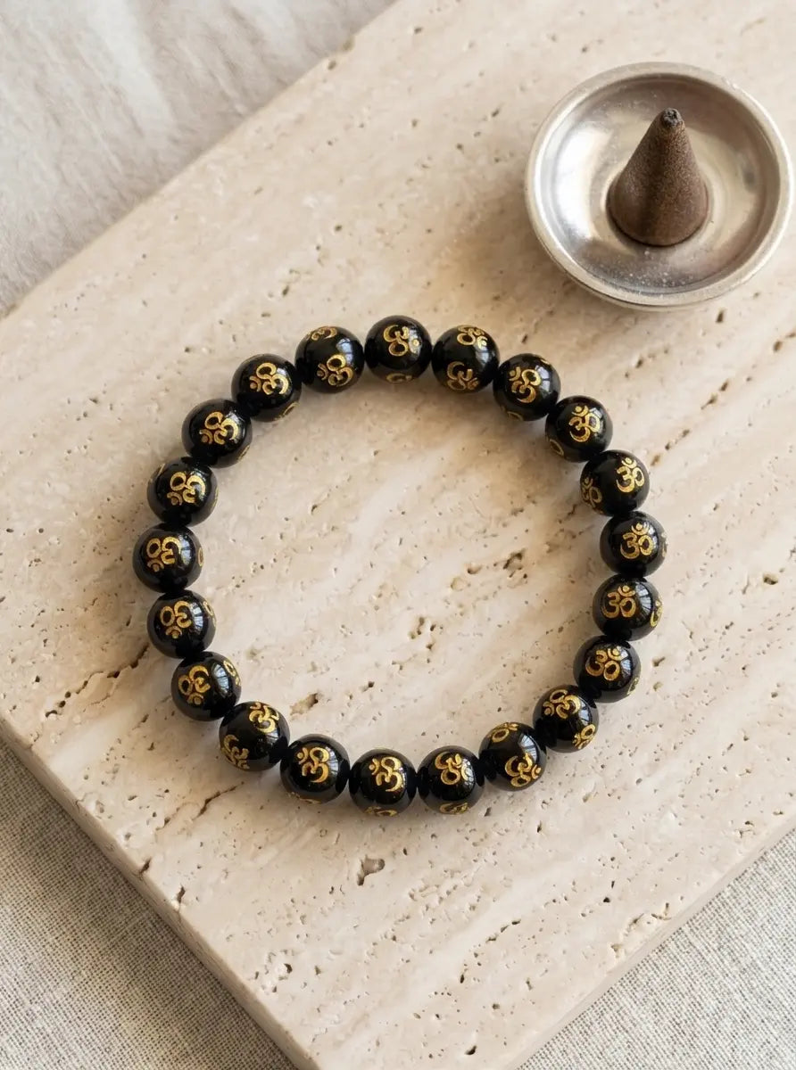 Men's Black Om Engraved Beaded Bracelet - Salitaire jewellery