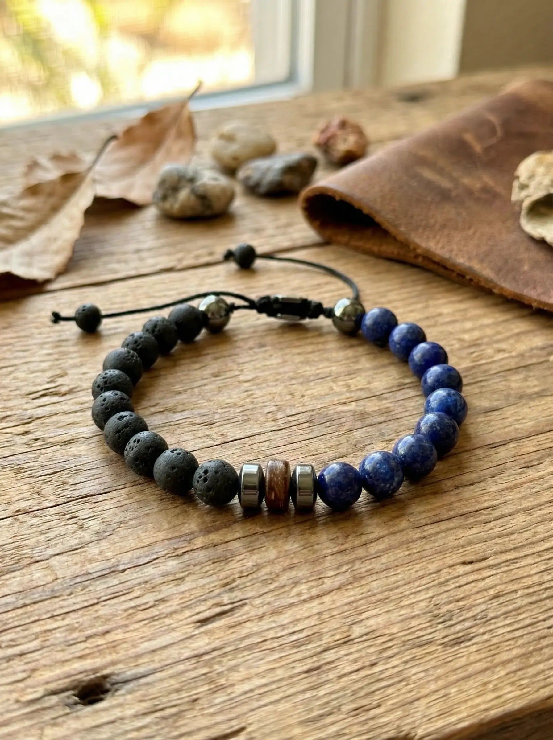 Men's Blue Lapis & Lava Stone Adjustable Bracelet - Salitaire jewellery