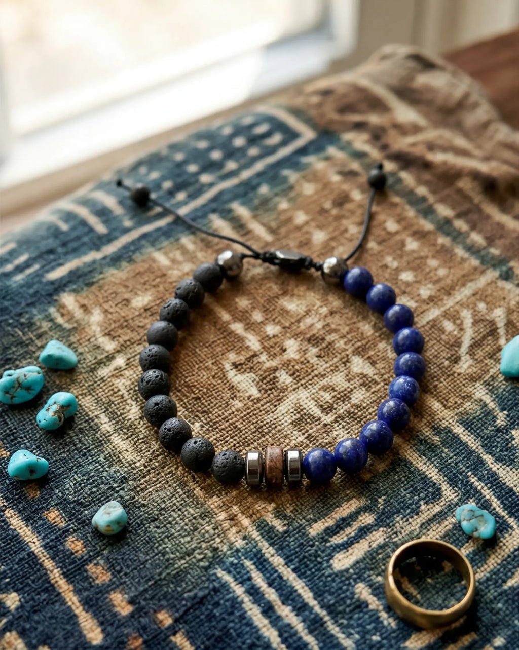 Men's Blue Lapis & Lava Stone Adjustable Bracelet - Salitaire jewellery