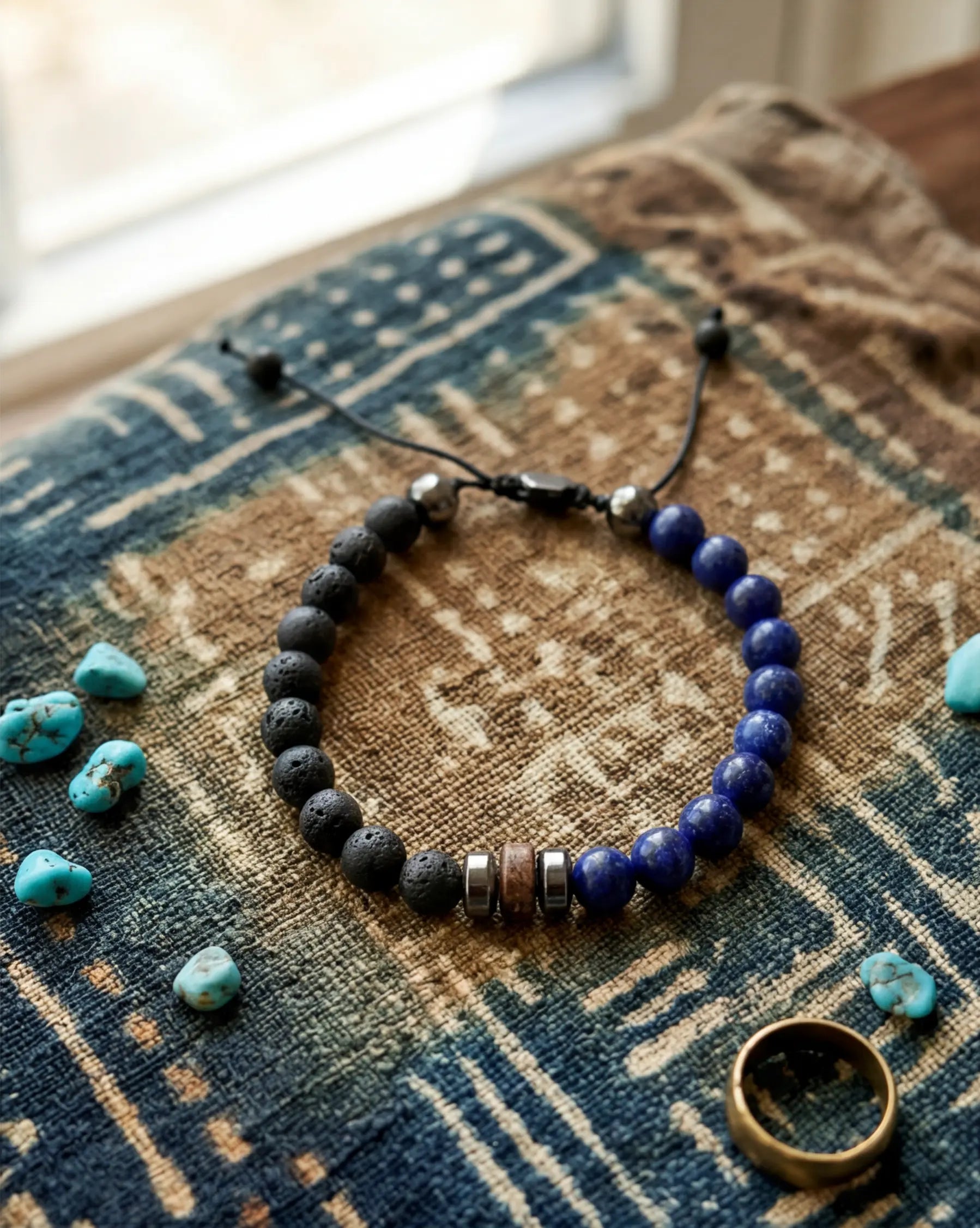 Men's Blue Lapis & Lava Stone Adjustable Bracelet - Salitaire jewellery