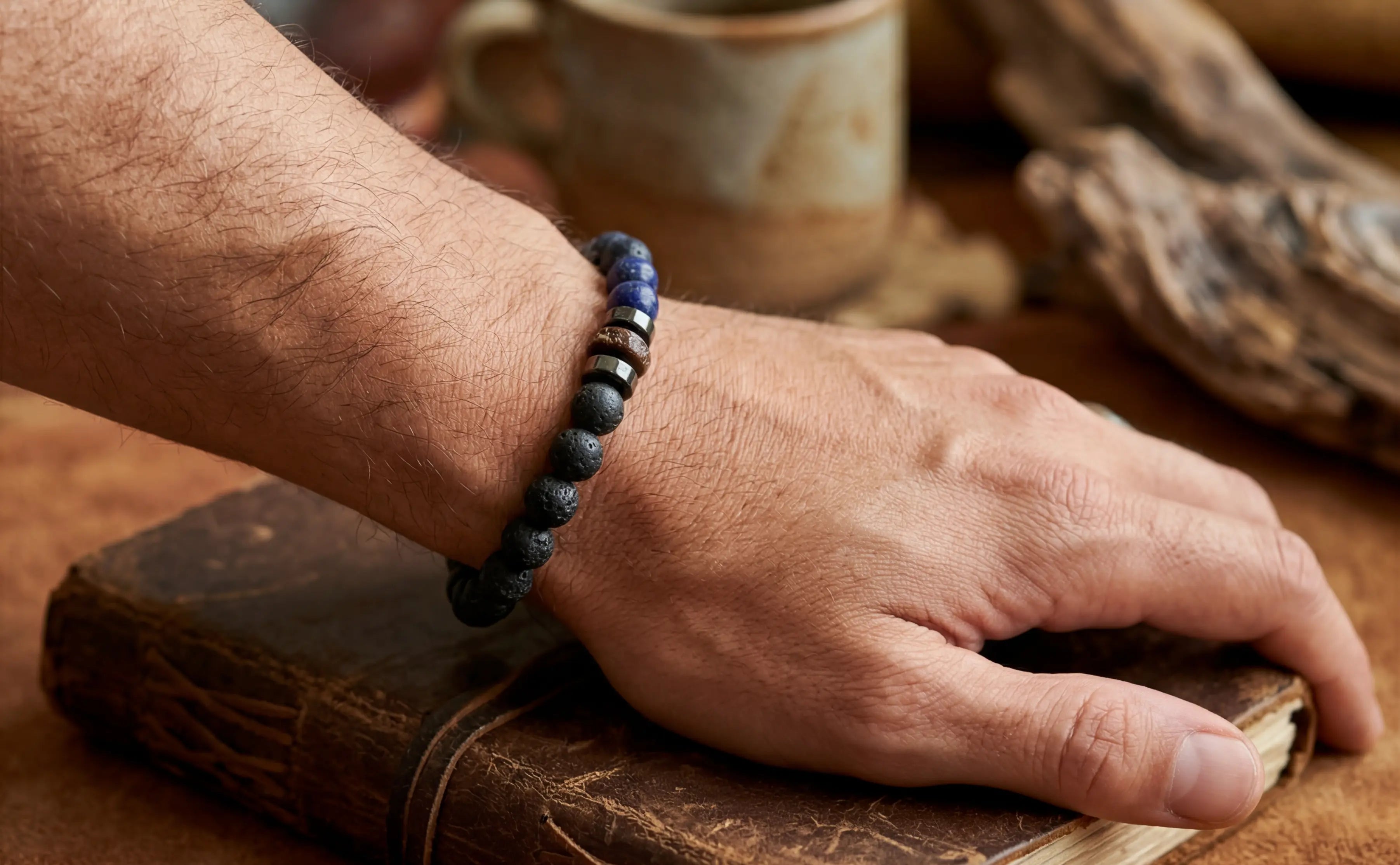 Men's Blue Lapis & Lava Stone Adjustable Bracelet - Salitaire jewellery