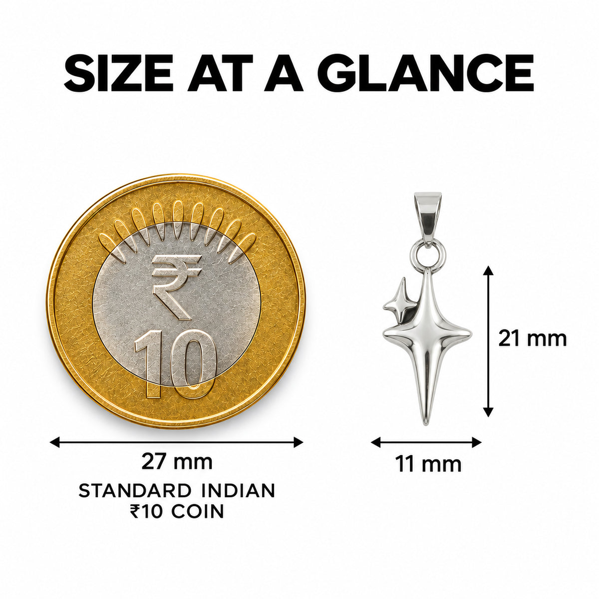 Comet Cross Pendant size at a glance with 27 mm Indian ₹10 coin comparison
