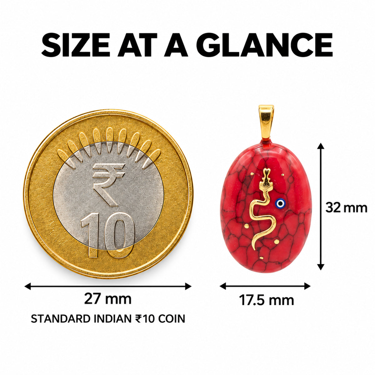 Crimson Coil — Red Howlite Serpent Necklace size at a glance with 27 mm Indian ₹10 coin comparison