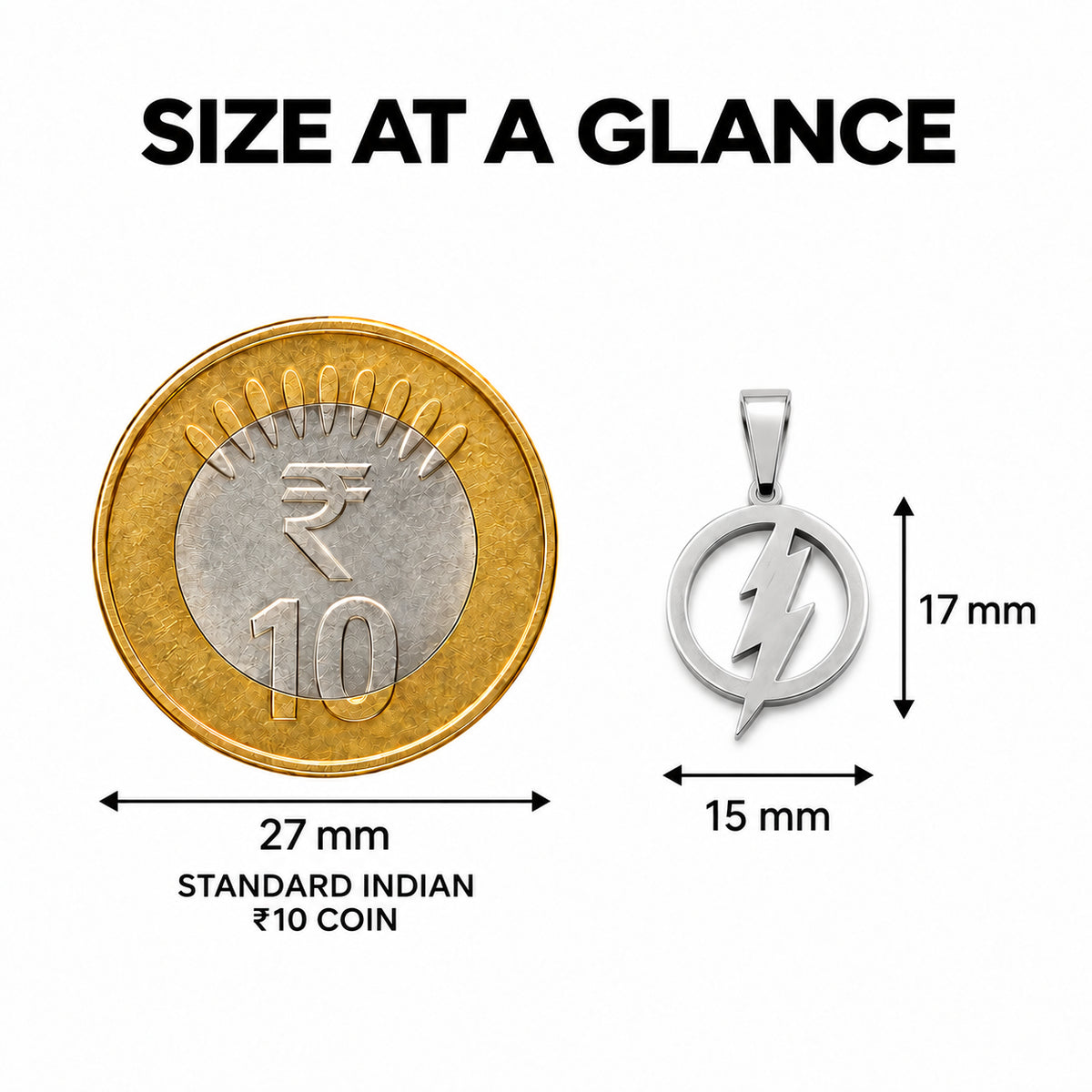 Lightning Bolt Pendant Chain size at a glance with 27 mm Indian ₹10 coin comparison