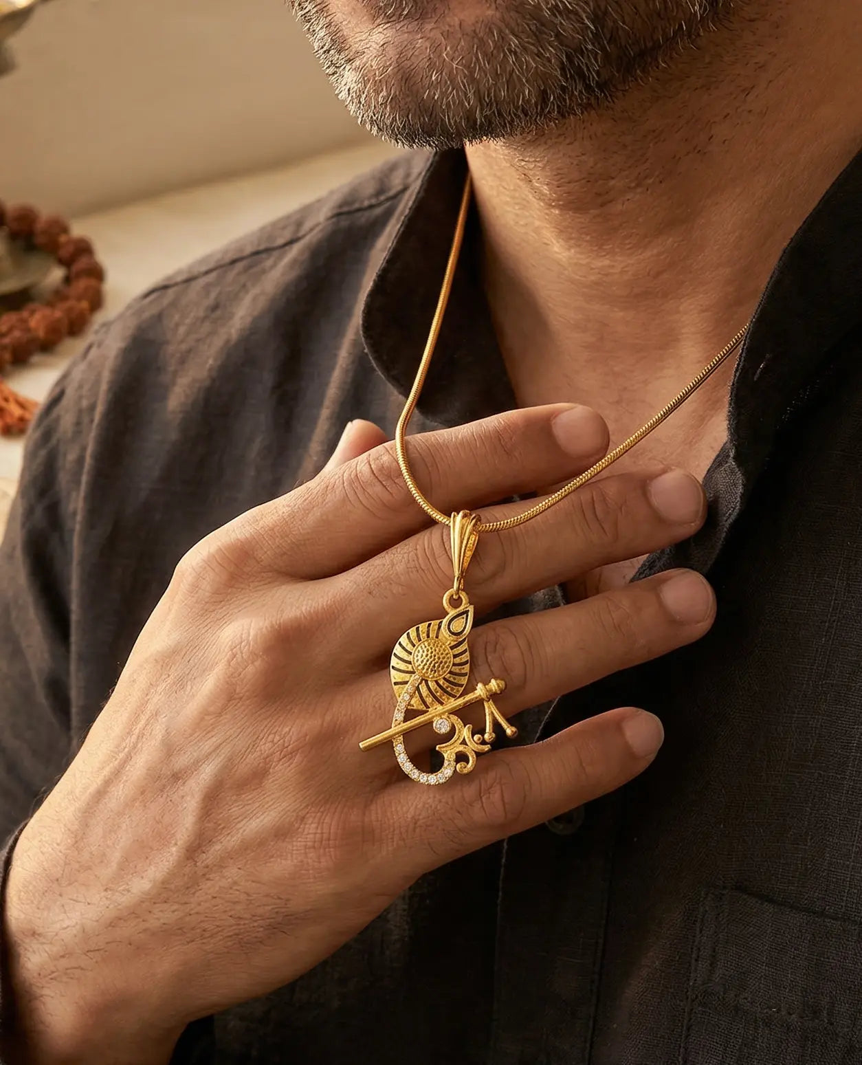 Men's Krishna Flute & Om Pendant - Salitaire jewellery