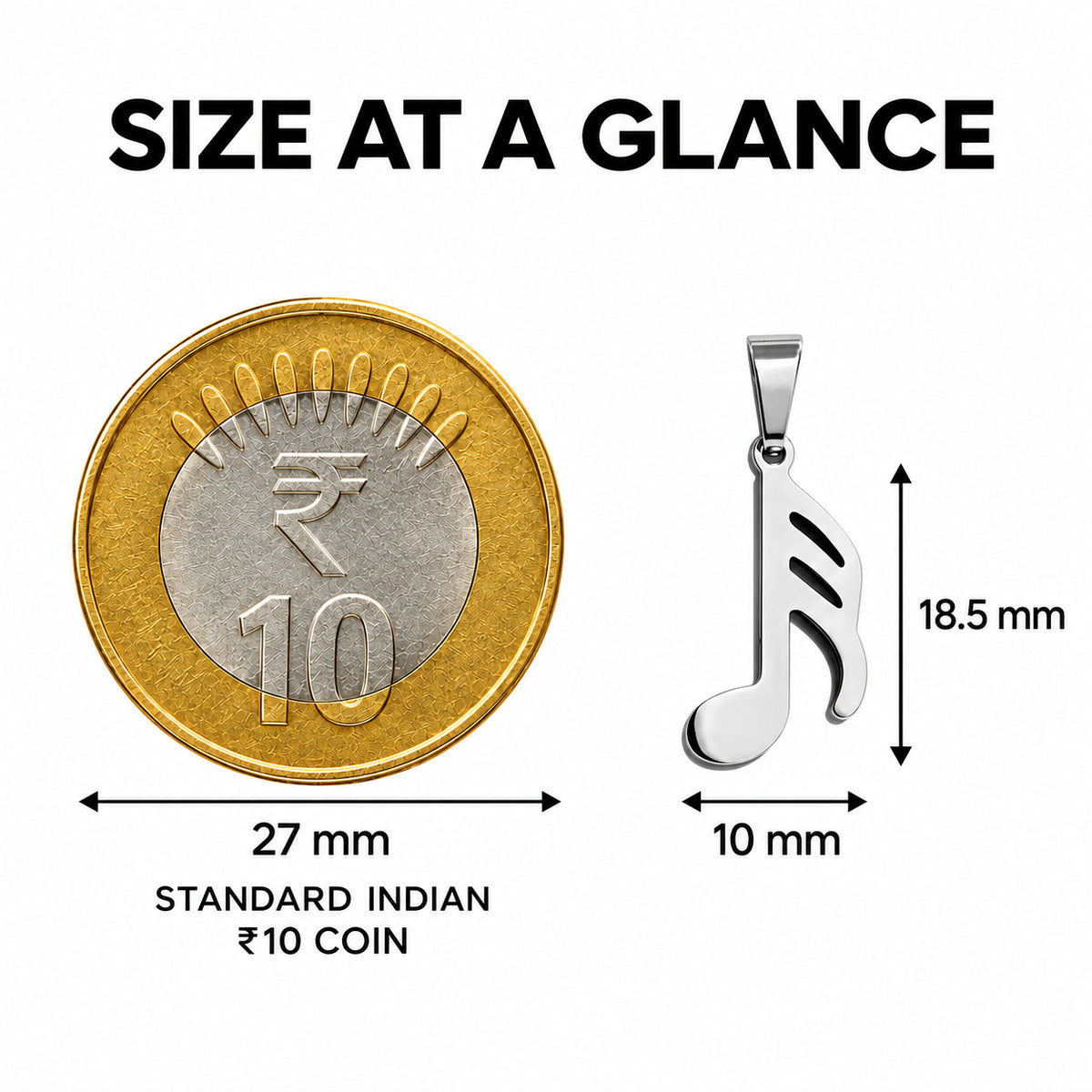 Music Note Pendant Necklace size at a glance with 27 mm Indian ₹10 coin comparison