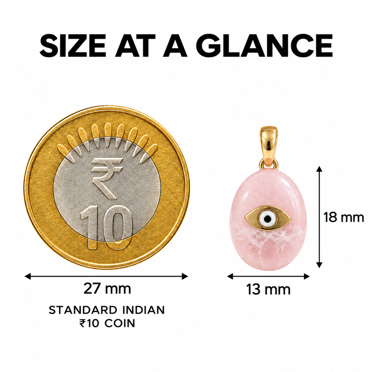 Nazar — Rose Quartz Pendant Necklace size at a glance with 27 mm Indian ₹10 coin comparison