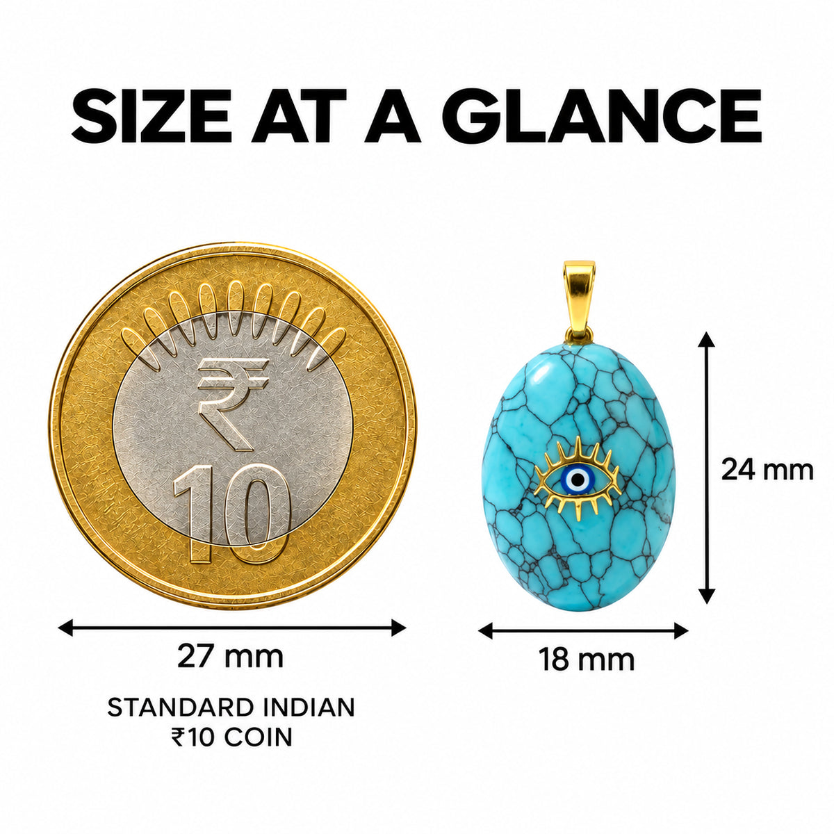 Nazar — Turquoise Evil Eye Pendant Necklace size at a glance with 27 mm Indian ₹10 coin comparison