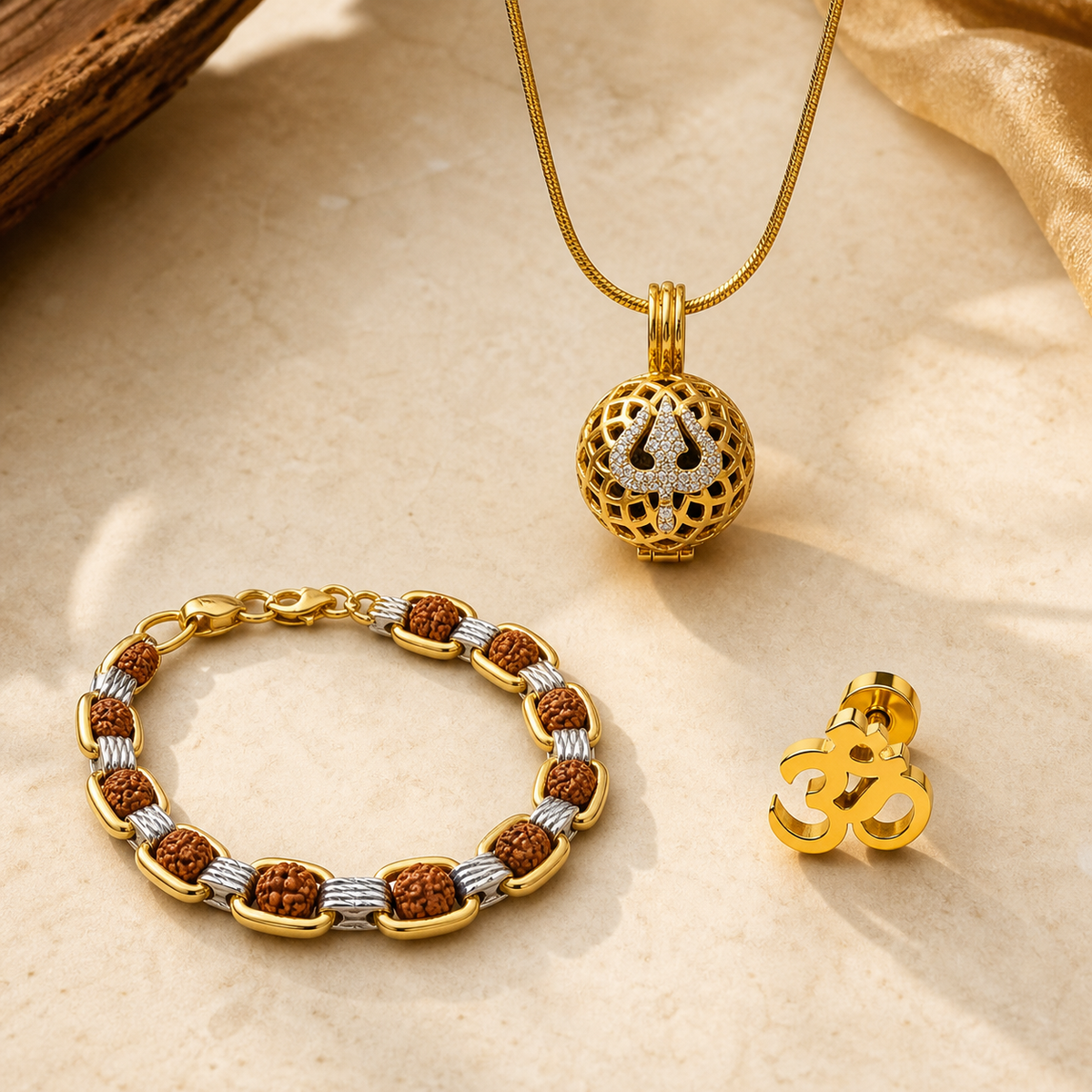 Rudraksh Divine Combo with Trishul Rudraksha pendant, Auric Rudraksha bracelet and gold Om stud