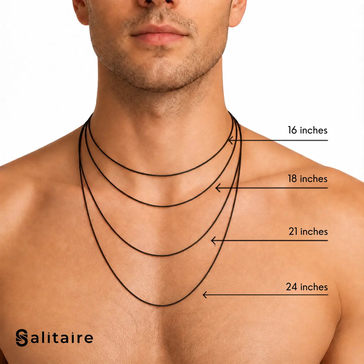 Salitaire necklace and chain size guide: 16, 18, 21 and 24 inches