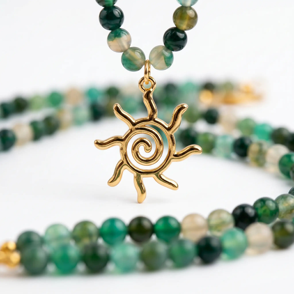 Sol Spiral — Green Agate Beaded Necklace