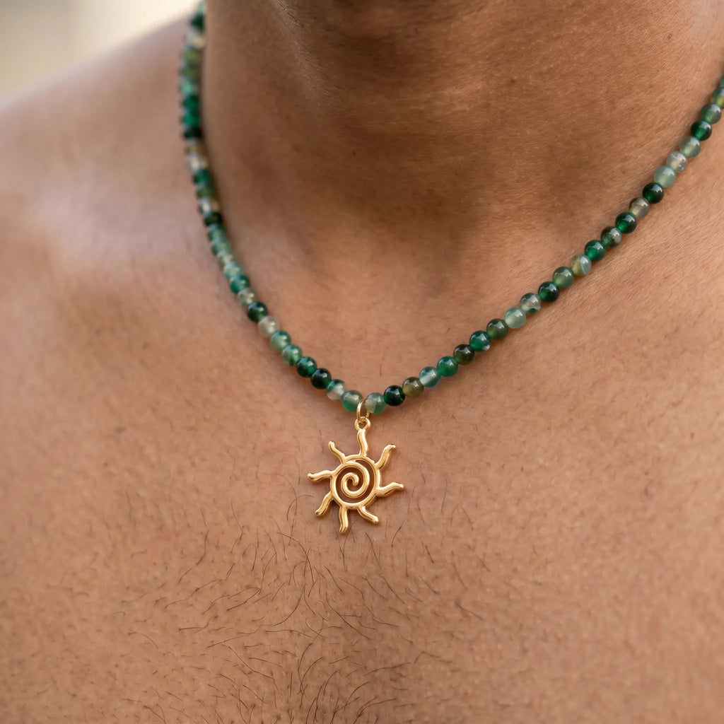 Sol Spiral — Green Agate Beaded Necklace