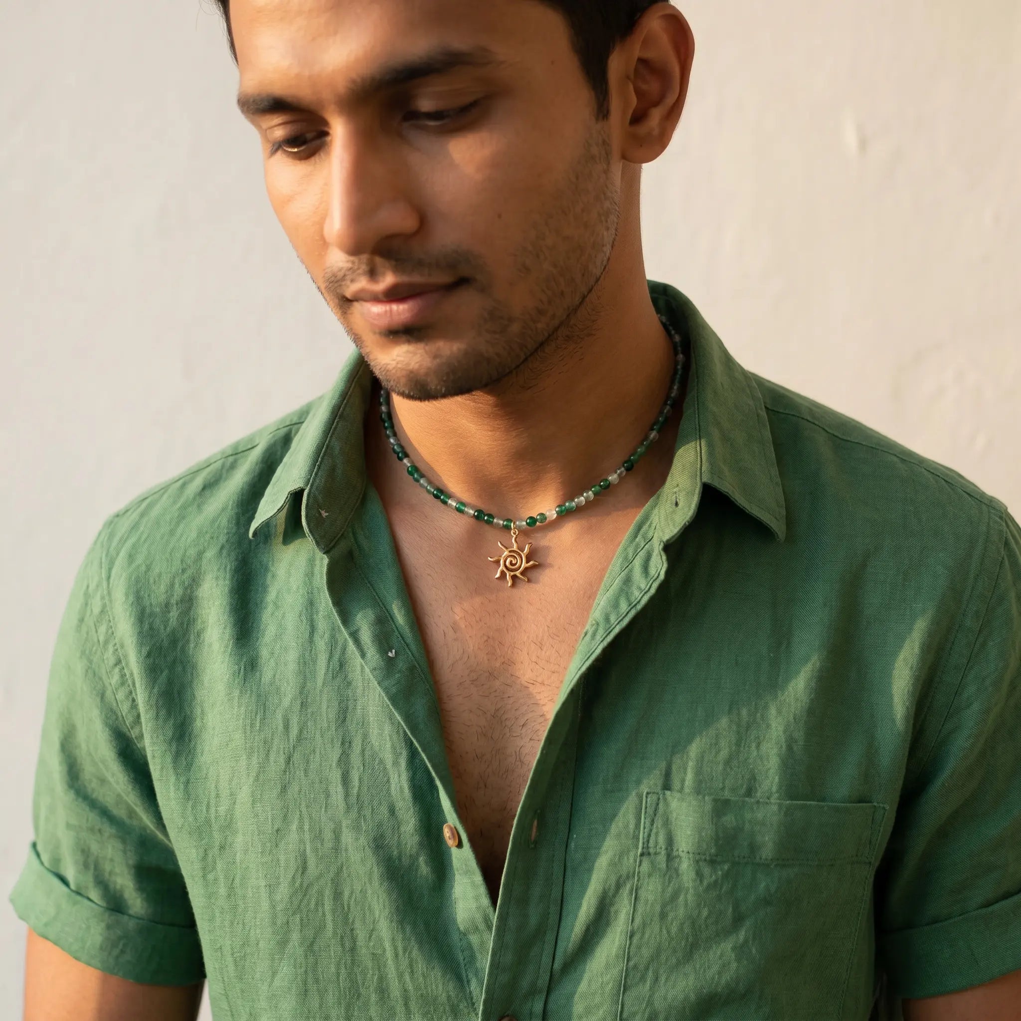 Sol Spiral — Green Agate Beaded Necklace