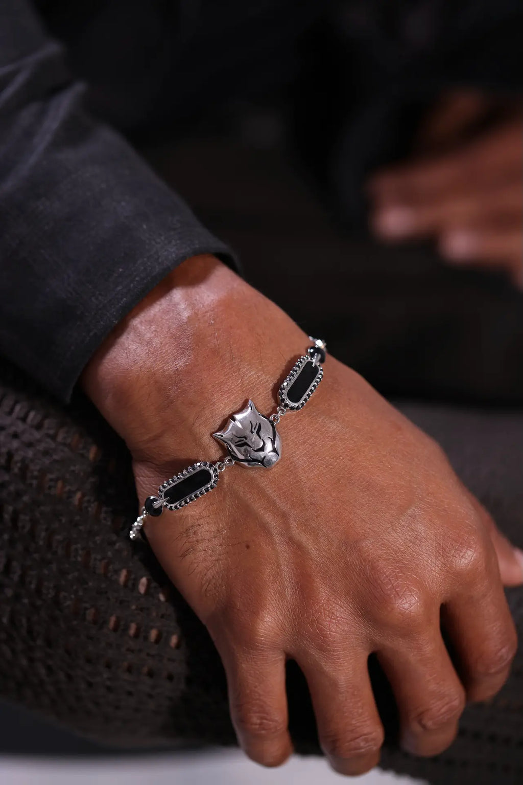 Salitaire Panther Chain Bracelet in antique silver with 3D panther head centrepiece black enamel bar links and CZ detailing on black fabric