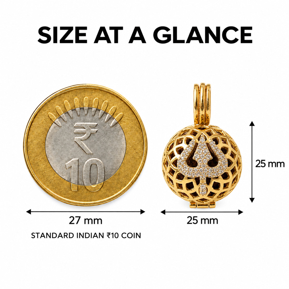 Trishul Rudraksha Amulet Pendant size at a glance with 27 mm Indian ₹10 coin comparison